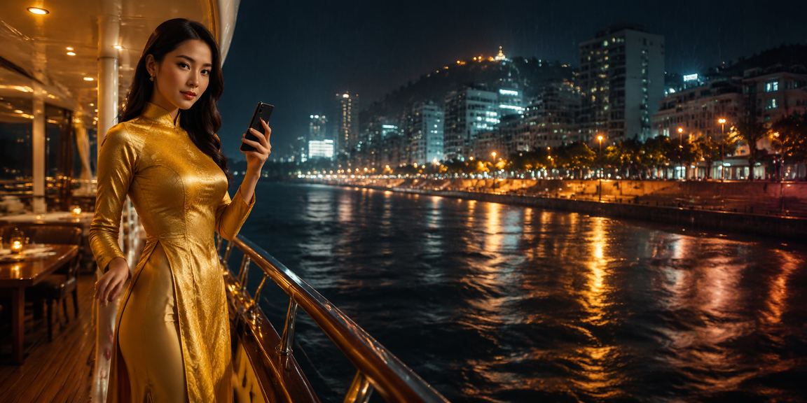 Người phụ nữ mặc áo dài xem cá cược thể thao tại Vũng Tàu trên điện thoại